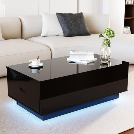 holzart High Glossy LED Coffee Table, led Coffee Table with 2 Drawers, Modern Coffee Table for Living Room, Black Coffee Table 41.33" W x 23.62" D holzart