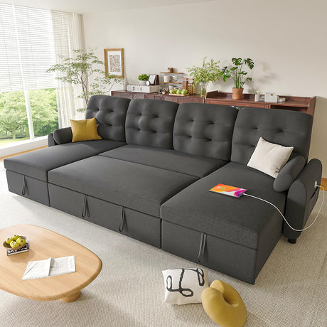 Ucloveria Sleeper Sofa Bed, 112" U-Shaped Sectional Sofa Couches for Living Room, Pull Out Couch Bed with Dual Reversible Storage Chaise | USB Ports | Side Pockets | Removable Backrest Ucloveria