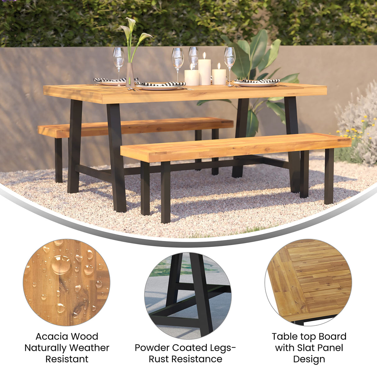 Merrick Lane Zuli Solid Acacia Wood Dining Table in a Natural Finish with Black Metal Legs for Indoor and Outdoor Use Merrick Lane