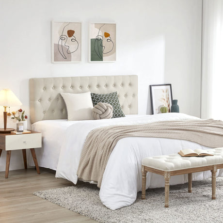 Kingfun Tufted Upholstered Queen Size Bed Headboard in Modern Button Design, Adjustable Solid Wood Head Board, Premium Linen Fabric Padded Headboards in Bedroom (Beige, Queen) Kingfun
