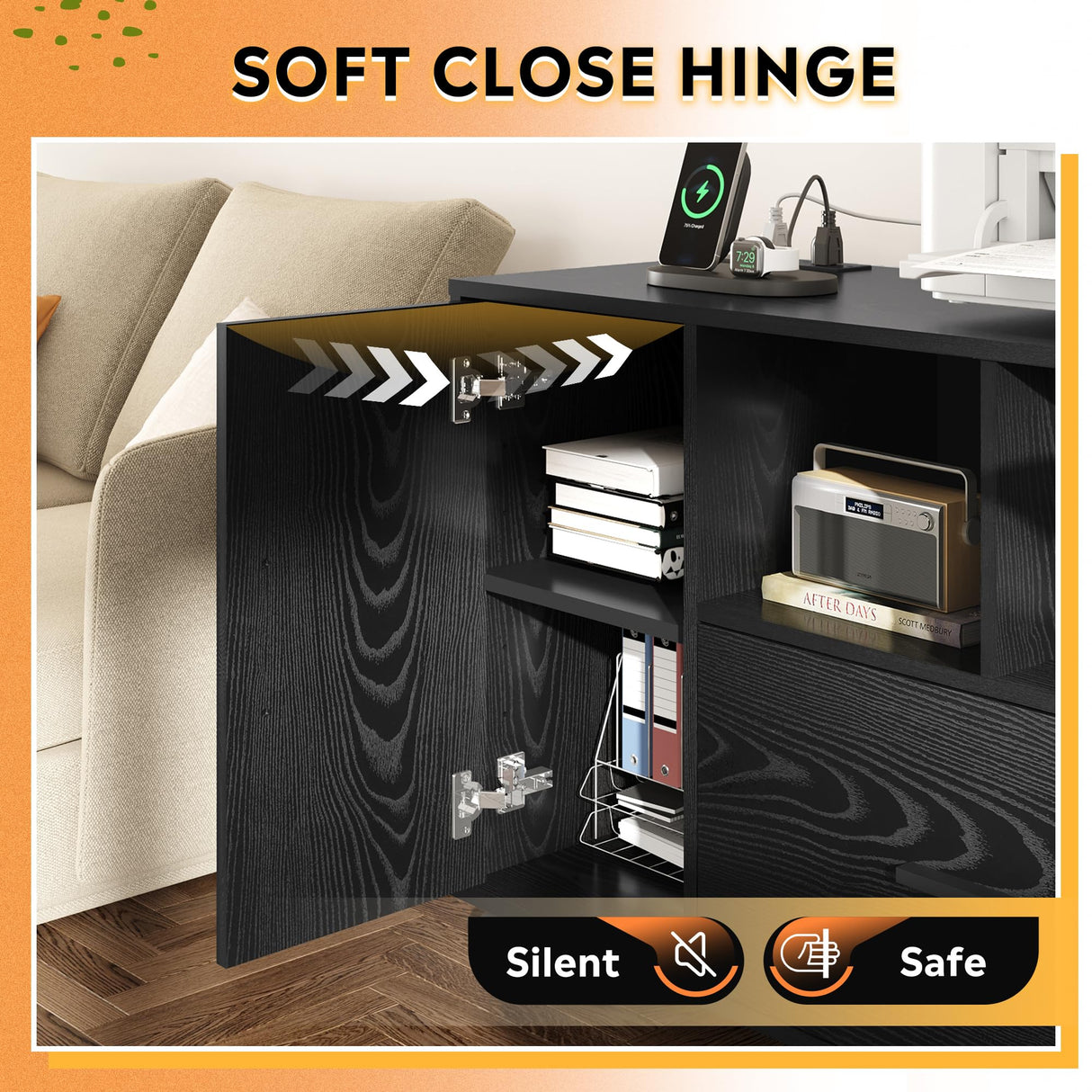 DEVAISE File Cabinet with Charging Station, 1-Drawer Lateral File Cabinets with Lock for Home Office, Wooden Rolling Printer Stand with Shelves, Black DEVAISE