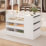 LIVAUVEAD Closet Island with Drawers, Wardrobe Armoire Bedroom Island, Glass Display Shelf & 15 Drawers, White Dresser with Glass Top, Walk-in Closet Island for Bedroom, Cloakroom LIVAUVEAD
