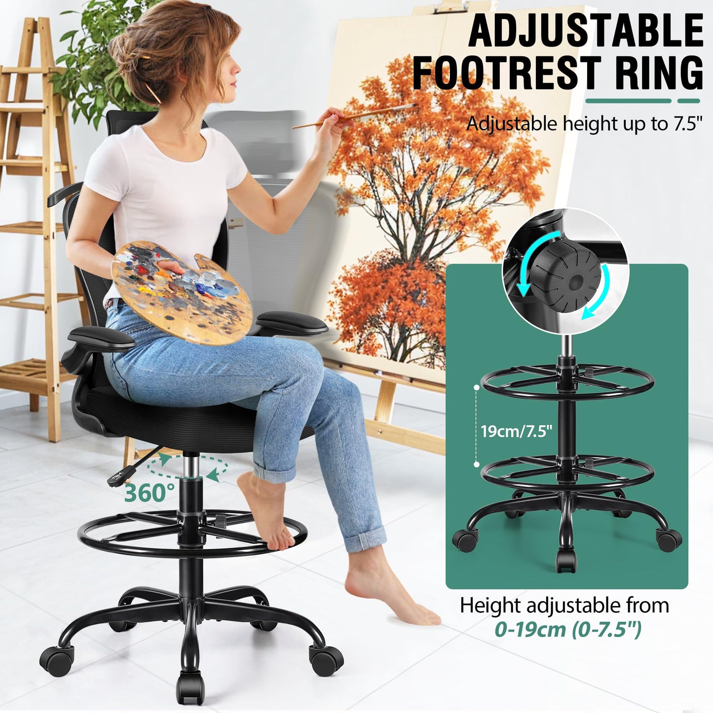 AtHope Drafting Chair, Tall Office Chair with 3D Lumbar & Head Support, Ergonomic Mesh Standing Desk Chair with Footring, Comfy Extended High Desk Chair with Flip-Up Arms & Hanger (Black)