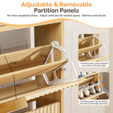 VINGLI Fluted Shoe Cabinet Storage for Entryway,Hidden Shoes Storage Cabinet with 4 Flip Drawers, Mid Century Modern Shoe Rack with LED Light,Shoes Organizer with Cubby for Hallway(Natural Oak) VINGLI