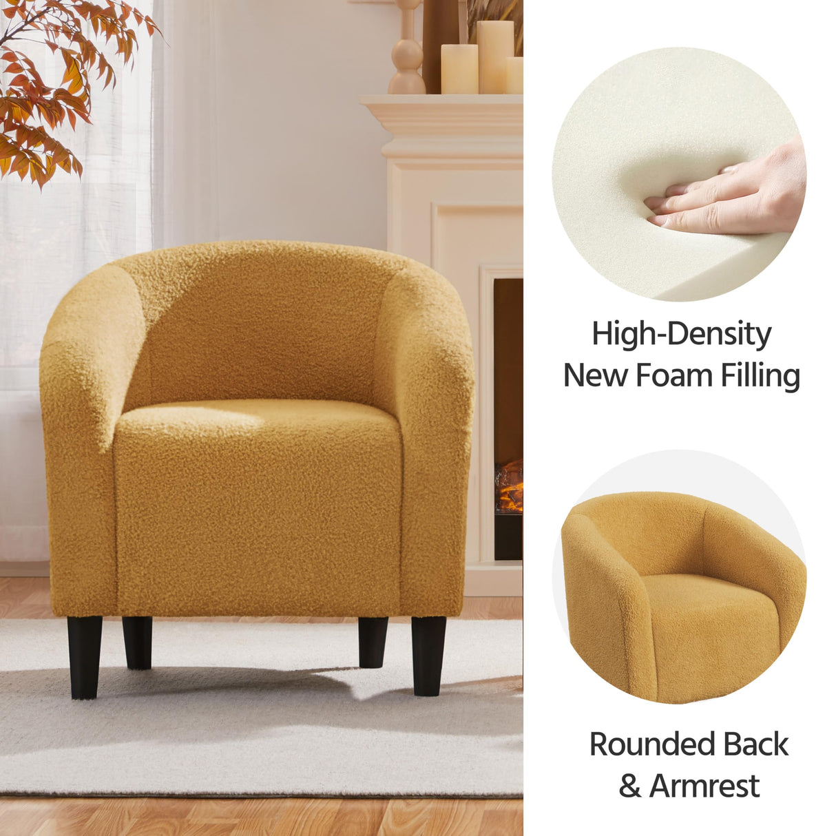 Yaheetech Accent Barrel Chair, Boucle Fabric Club Chair, Furry Sherpa Elegant and Cozy, Soft Padded Armchair for Living Room Bedroom Reception Room Office, Mustard Yellow Yaheetech