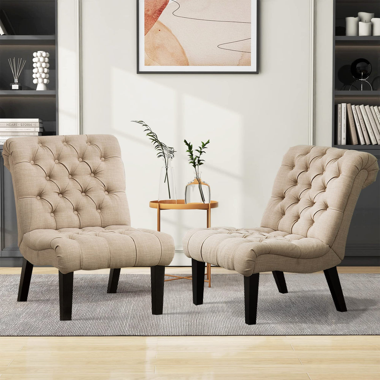 Alunaune Living Room Chairs Set of 2 Modern Accent Chair, Upholstered Tufted Armless Bedroom Chairs Lounge Sofa Backrest Fabric Recliner Chair Wood Legs-Khaki Alunaune