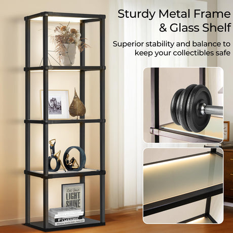 Tall Display Shelf Floor Lamp, Dimmable LED lamp with 3 Color Temperatures, Sturdy Glass Curio Cabinet Bookcase with Remote Control, Floor Lamp with Shelves for Living Room Decor, Collectibles (Black) Wio-Mio