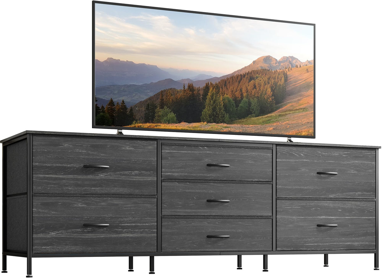 Huuger Dresser for Bedroom, 63 Inch Dresser TV Stand for 55, 65, 70 Inch TV, Long Dresser, Fabric Dresser, TV Stand with 7 Drawers, Dresser for Closet, Clothing, Charcoal Black Wood Grain Print Huuger