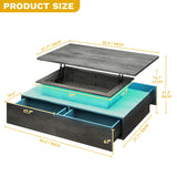 DWVO LED Lift Top Coffee Tables for Living Room, Rectangular Coffee Table with 4 Spacious Drawers, Modern Center Table with Lifting Top for Home Decor, Grey DWVO