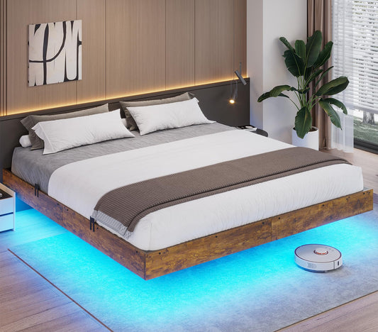 ADORNEVE Floating Bed Frame King Size with RGB LED Lights, Metal king Floating Platform Bed with Storage Space, MDF Board, Stable Structure, No Box Spring Needed, Easy Assembly,Vintage Brown & Black