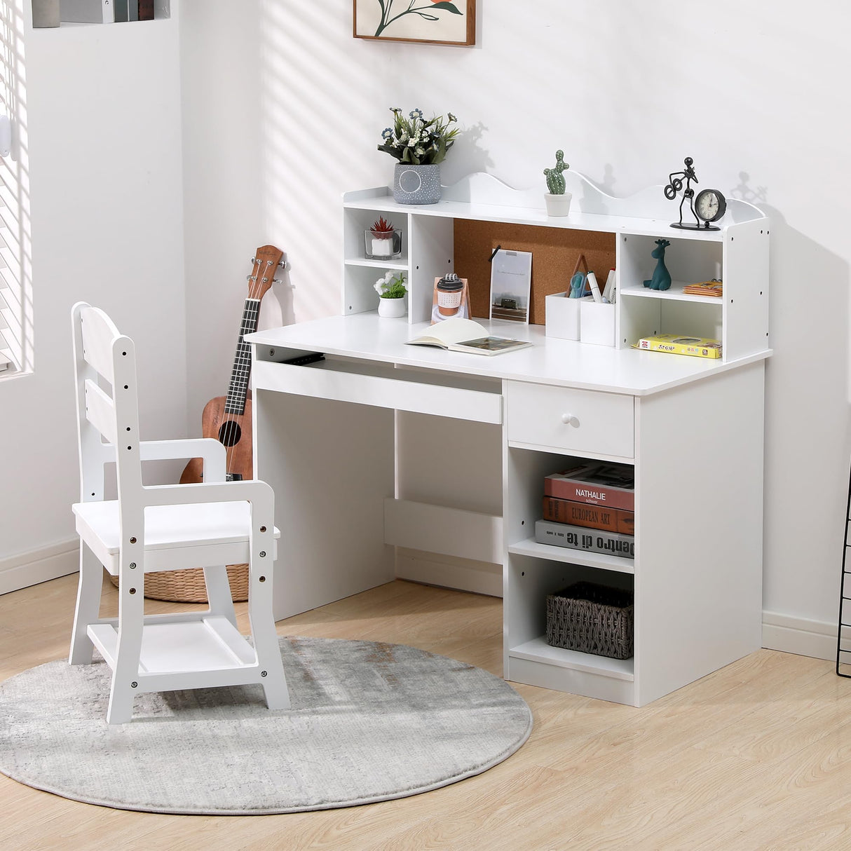 Kids Desk and Chair Set, Wooden Study Table with Storage Shelf, Bulletin Board, Keyboard Stand and Pen Holder, Children School Learning Desk Set, Writing Table for Boys and Girls, White GarveeHome