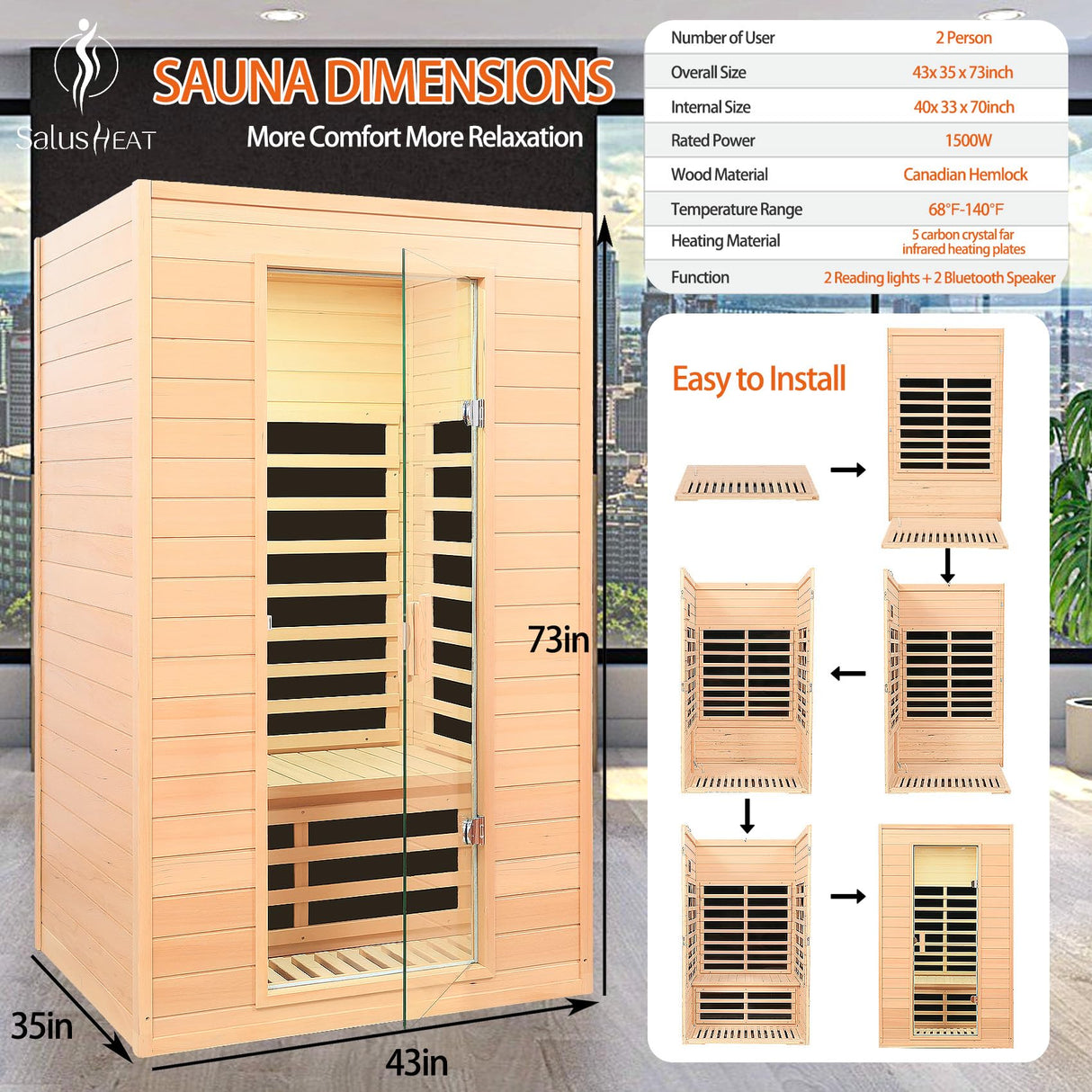 2 Person Infrared Sauna, Low EMF Far Infrared Sauna, Canadian Hemlock Wood Sauna for Home 1500W Indoor Sauna Home Spa Sauna with Bluetooth Speakers, Reading Lights, Roof Vent, Tempered Glass SALUSHEAT