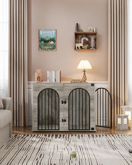 Hzuaneri 44.1" Dog Crate Furniture, Dog Kennel Indoor Arched Door Design, Wooden Dog Crate Furniture for Small/Medium/Large Dog, Side Table, TV Stand, Anti-Chew, Anti-Escape, Greige Black Hzuaneri