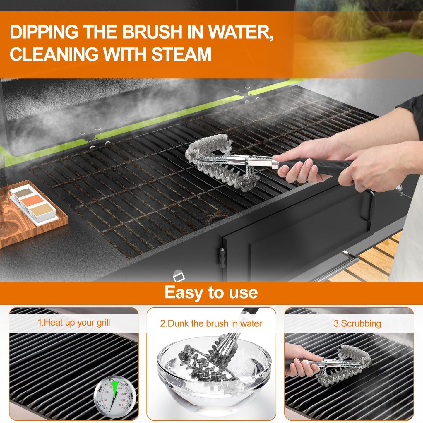 18" Bristle Free Grill Brush Barbecue Triple Scrubbers Cleaning Brush for Gas or Charcoal Grills,Compatible with Stainless Steel/Cast Iron/Porcelain Grill Grates