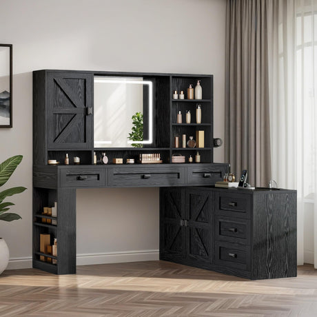 DWVO Vanity Desk with Mirror and Lights: Black L-Shaped Farmhouse Makeup Table Set with 6 Drawers, Cabinet Shelves, 360° Rotation Large Dressing Table DWVO