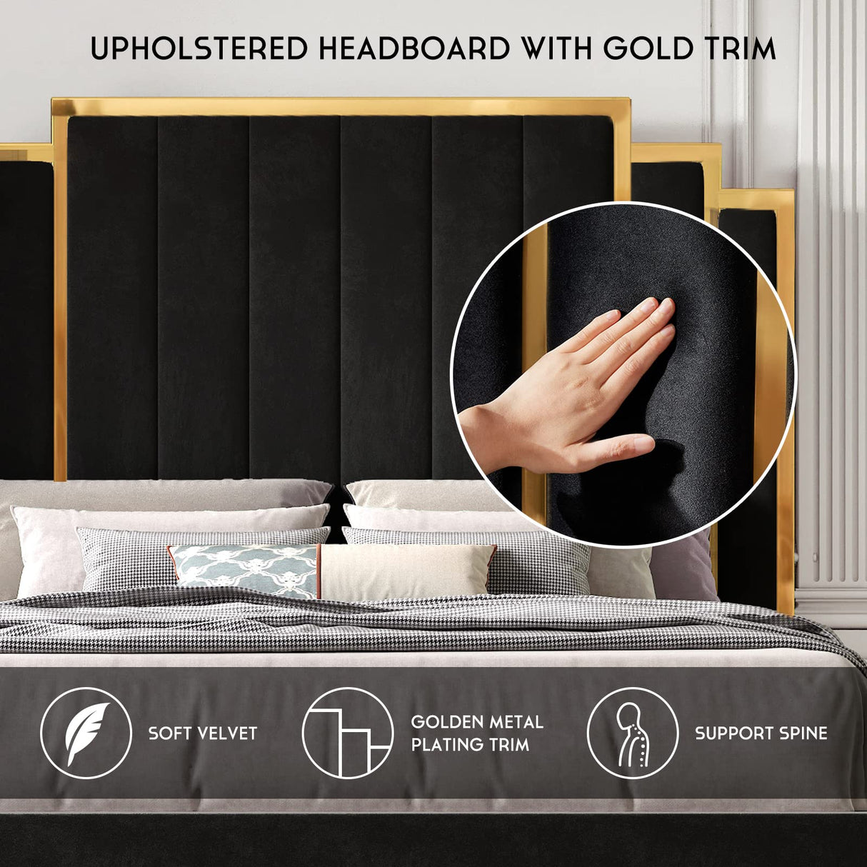 HOWE King Size Bed Frame and 65" Headboard, Upholstered Bed with Golden Plating Trim, Modern Platform Bed No Box Spring Needed, Black HOWE