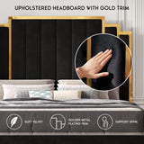HOWE King Size Bed Frame and 65" Headboard, Upholstered Bed with Golden Plating Trim, Modern Platform Bed No Box Spring Needed, Black HOWE