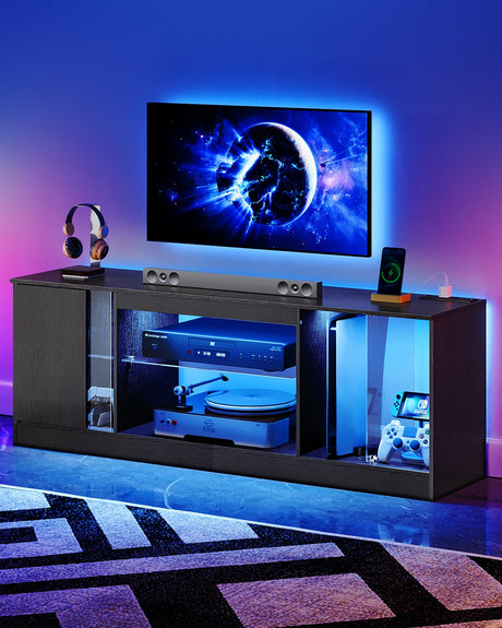 CHOEZON TV Stand with Power Outlets to 55 inch TV, Modern Entertainment Center with Multi-Color LED Light, Media TV Console with Adjustable Glass Shelves for Living Room, Bedroom, Black MDS01UDBB CHOEZON