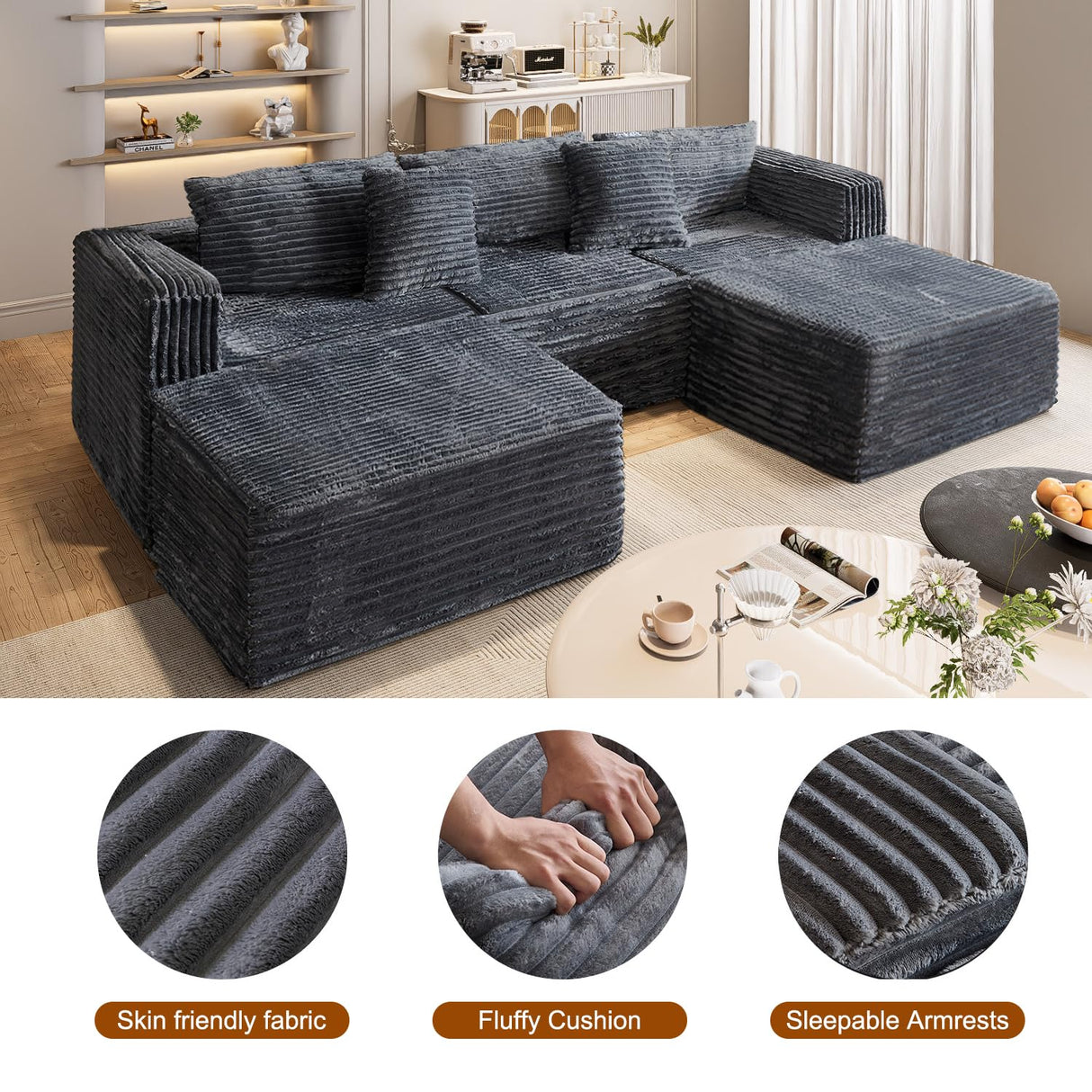 NNSNG 110" U Shaped Boneless Couches for Living Room with 2 Movable Ottomans,5 Seats Modular Cloud Sectional Couch Sofa(Gray) NNSNG