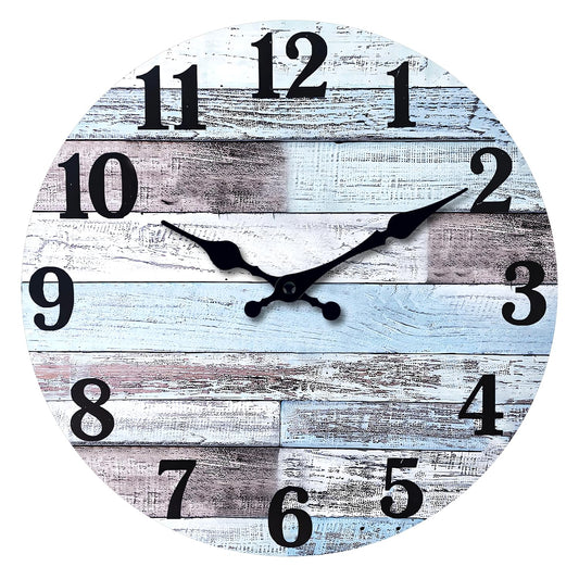 XNM Blue MDF Wood Wall Clock for Living Room - Farmhouse Wall Clocks Battery Operated 12 Inch - Analog Rustic Wall Clock Silent (No Solid Wood)