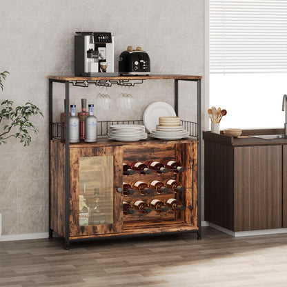 ZERDER Wine Bar Cabinet with LED Light, Home Coffee Cabinet with Wine Rack and Glass Holder, Bar Cabinet with Storage Shelf and Cabinet, Freestanding Liquor Cabinet for Living Room, Dining Room