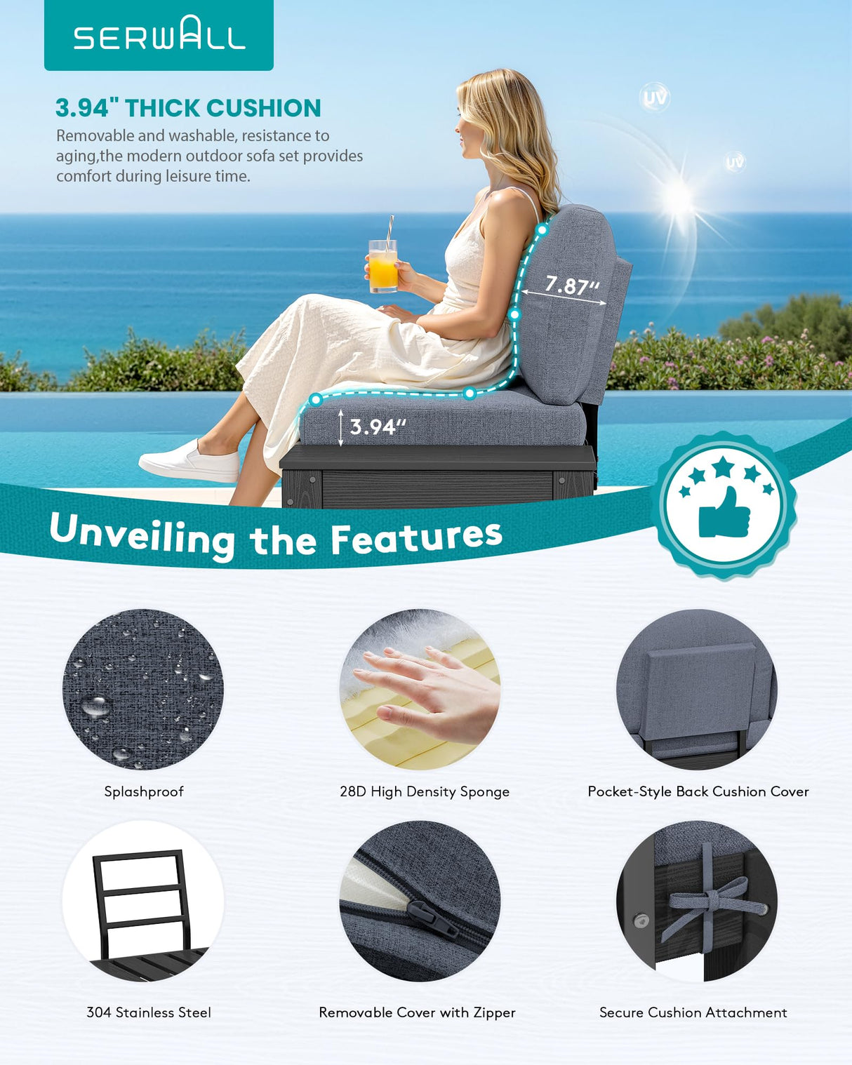 SERWALL HDPE Patio Furniture Set, All-Weather Outdoor Sofa Set, Seats 4, Patio Conversation Set, Modular Outdoor Sectional Furniture for Garden, Porch and Backyard, Black Frame with Grey Cushion SERWALL