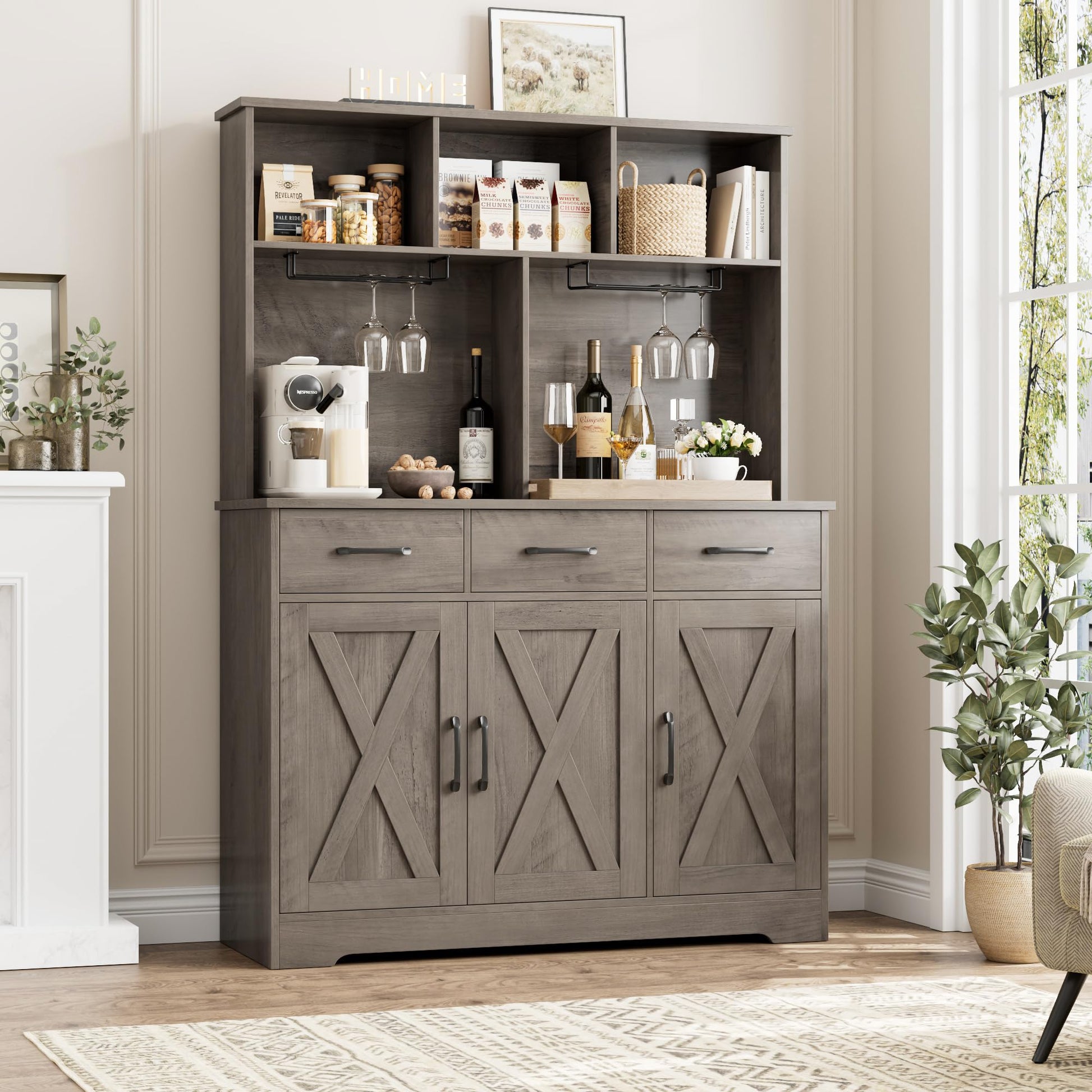 HOSTACK Buffet Cabinet with Hutch, Modern Farmhouse Kitchen Buffet Sideboard Storage Cabinet with 3 Drawers, Barn Door Coffee Bar Station, Liquor Cabinet for Dining Room, Living Room, Ash Gre - WoodArtSupply