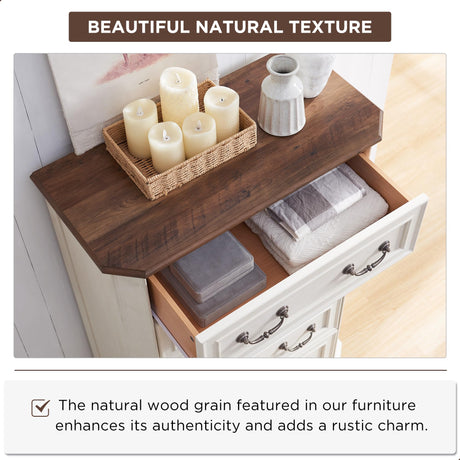 T4TREAM Farmhouse 5 Drawers Dresser for Bedroom, 48" Tall Wood Rustic Chest of Drawers with Natural Texture, Vintage Design, Storage Dressers Organizer for Bedroom, Living Room, Hallway, Antique White T4TREAM