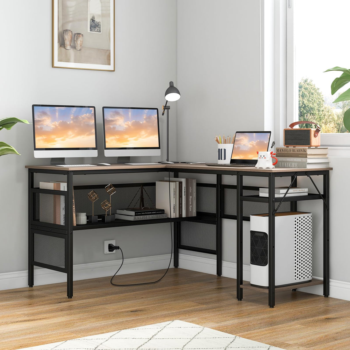 COSTWAY L Shaped Desk with Charging Station, 55” Reversible Corner Computer Desk with Mesh Storage Shelves, CPU Stand, 2 Person Gaming Desk Computer Workstation for Home Office COSTWAY