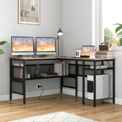 COSTWAY L Shaped Desk with Charging Station, 55” Reversible Corner Computer Desk with Mesh Storage Shelves, CPU Stand, 2 Person Gaming Desk Computer Workstation for Home Office - WoodArtSupply