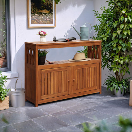 Flamaker Outdoor Storage Cabinet Weatherproof Acacia Wood Outdoor Cabinet with 2 Magnetic Doors Used for Outdoor Storage, Buffet Cabinet, TV Stand, Bar Table, Potting Table (Brown) Flamaker
