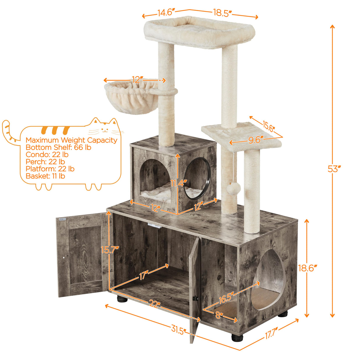 Yaheetech Litter Box Enclosure with Cat Tree, All-in-one Indoor Kitten House w/Scratching Posts, Wooden Cat Litter Box Furniture w/Kitty Condo, Platform, Greige/Beige Yaheetech