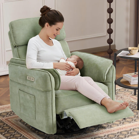 MELLCOM Power Recliner Rocking Chair Nursery Gliders with Adjustable Armrests and Headrest, Swivel Electric Glider Reclining Nursing Chair with USB Port and Storage Bags, FSC Certified(Fabric, Green) MELLCOM