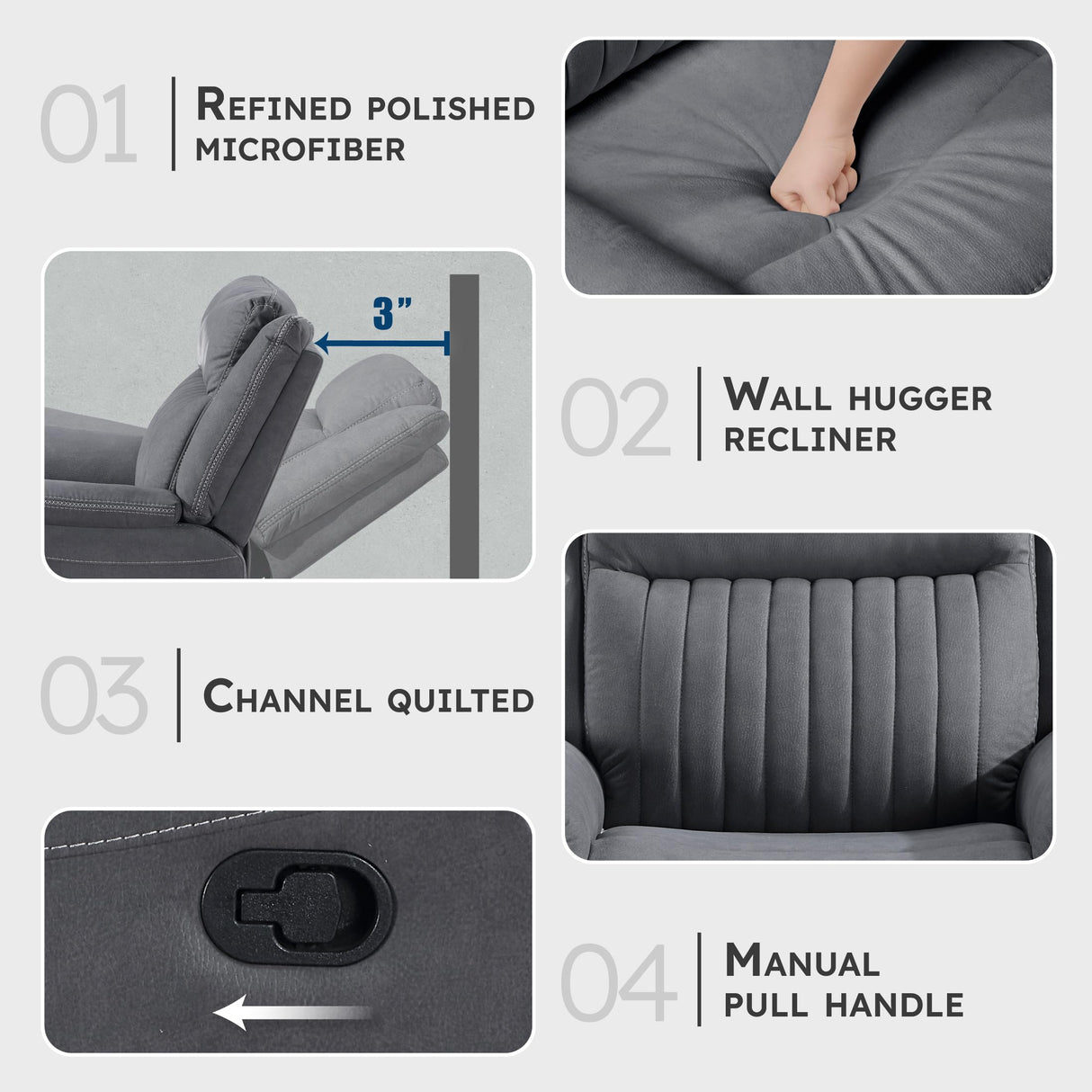 Lexicon Manual Double Reclining Sofa, Polished Microfiber Upholstered 3 Seater Manual Sofa Recliner for Living Room, Wall Hugger, Easy Assembly, Gray Lexicon