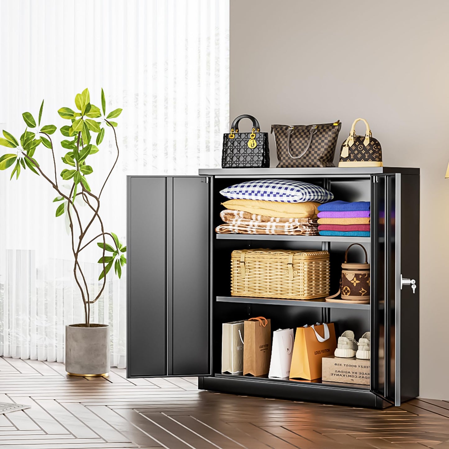 INTERGREAT Metal Storage Cabinet with 2 Drawers, 42” Black Steel Garage Storage Cabinet with 2 Doors and Adjustable Shelves, Office Storage Cabinet with Lock for School, Home
