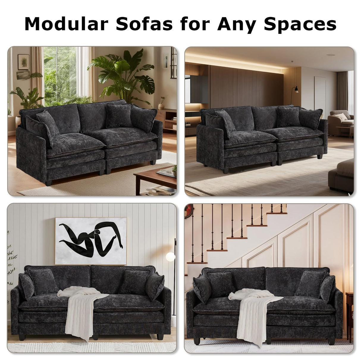 SoarFlash 71.6" Chenille Sectional Sofa, Comfy Modular Loveseat Sofa, Modern 2-Seat Couch Deep Seat Sofa Set for Living Room,Black SoarFlash