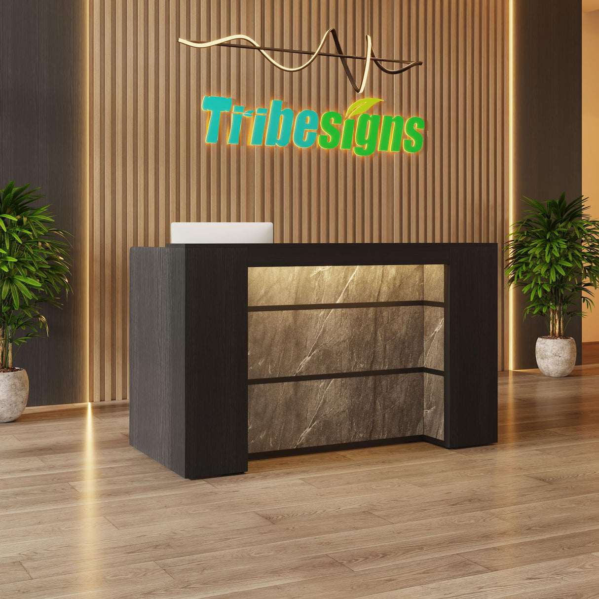 Tribesigns Reception Desk with LED Lights, 63 Inches Front Counter Desk for Checkout, Lobby, Salon, Retail, Modern Large Counter Table for Store Shop Clinic Office (Black&Gray) Tribesigns