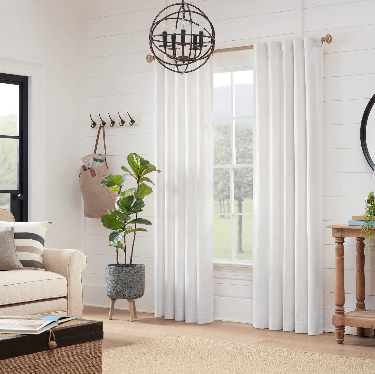 MODE Farmhouse Collection 1 1/8" Diameter Curtain Rod Set with Porch Doorknob Curtain Rod Finials and Steel Wall Mounted Adjustable Curtain Rod, Fits 36” to 72” Windows, Weathered Oak MODE