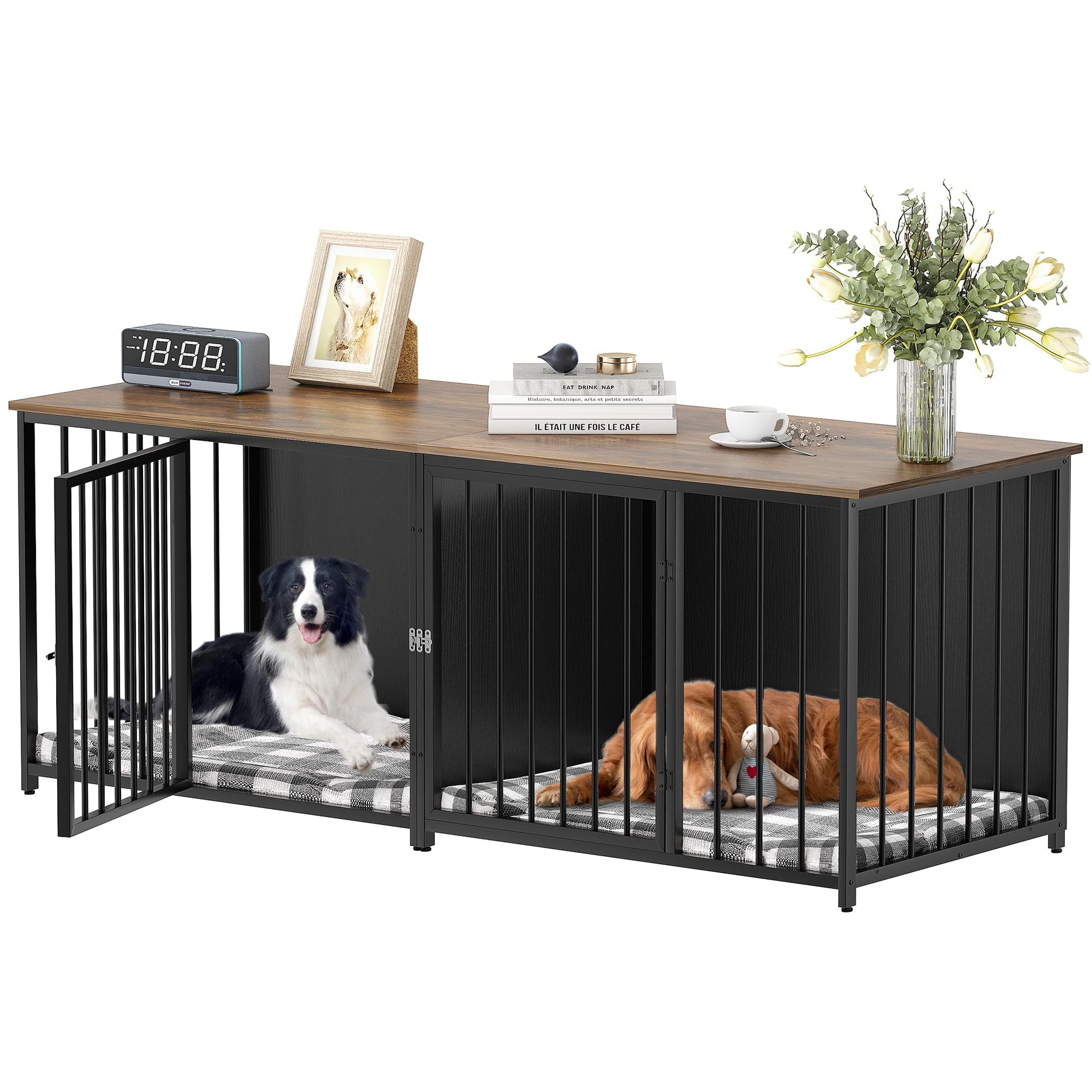 YITAHOME Double Dog Crate Furniture, 80.2 inch Large Breed Dog Kennel with Divider, Heavy Duty Dog House TV Stand Indoor for 2 Medium Dogs, Black - WoodArtSupply