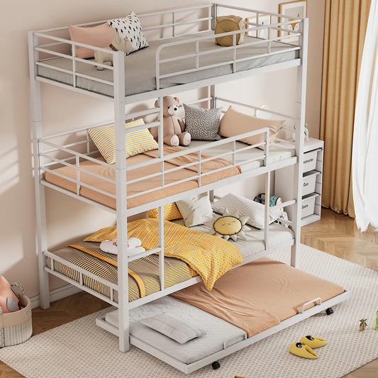 YOPTO Metal Twin Size Triple Bunk Bed with Trundle,Bedroom Bed Frame w/Full-Length Guardrails and Ladders,Detachable Design,for Kids Boys Girls,White