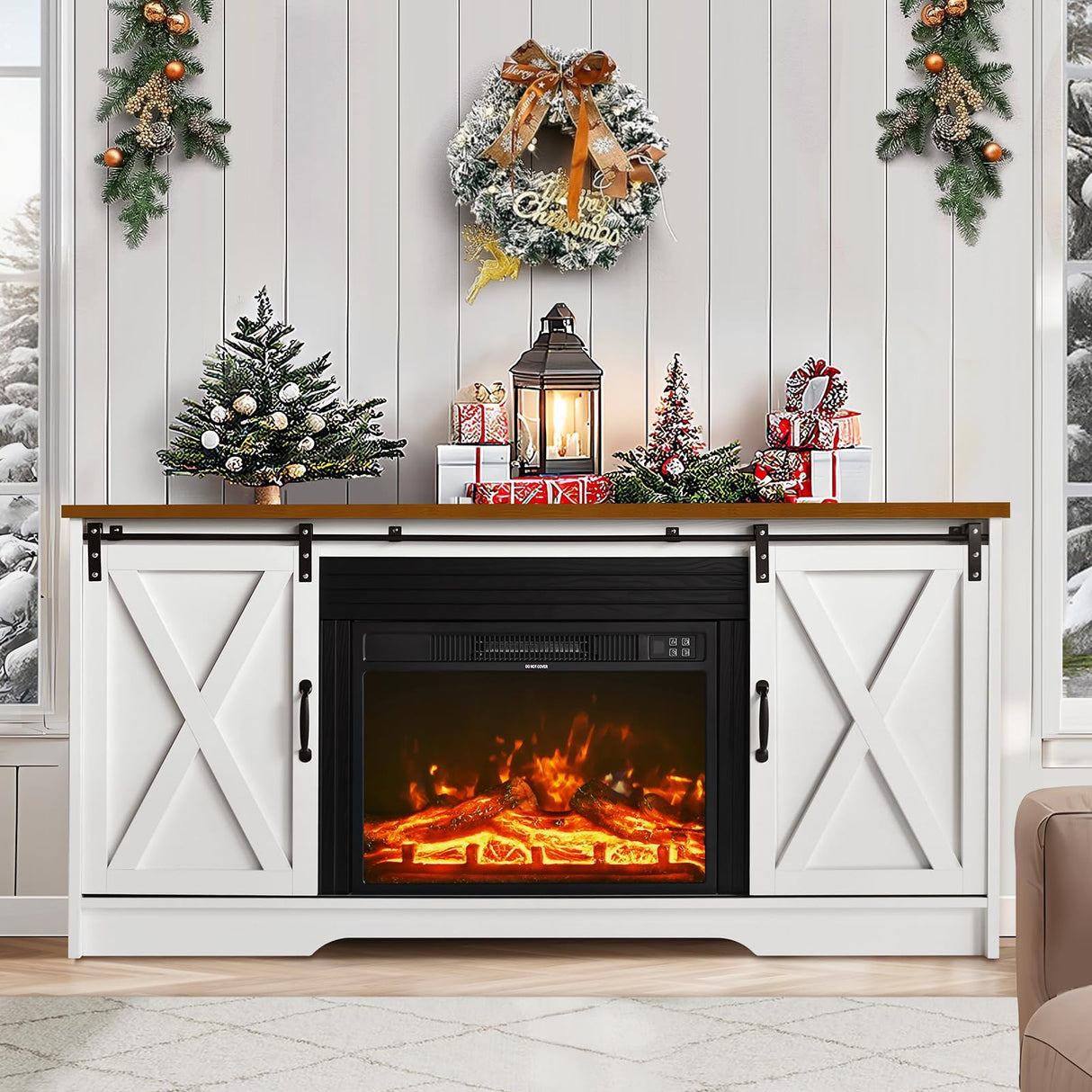 4 EVER WINNER Fireplace TV Stand with 23" Electric Fireplace, Sliding Barn Door, Farmhouse Fireplace Entertainment Center with Adjustable Storage Cabinets, TV Console Table for Living Room, White 4 EVER WINNER