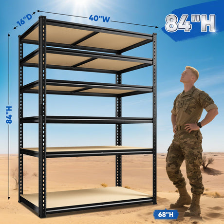 DurayLoly 84" H Garage Shelving, 6 Tier Storage Shelves Load 3000 lbs, Adjustable Garage Shelves, Metal Shelving Unit for Warehouse, Basement, Pantry, 40" Wx 16" D x 84" H, Black DurayLoly