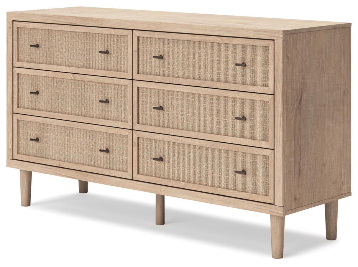 Signature Design by Ashley Cielden Coastal 6-Drawer Dresser, Bronze-Tone Knobs, Safety Stop, Textured Cane Details, 62.01" W x 19.65" D x 35.67" H, Light Brown Signature Design by Ashley