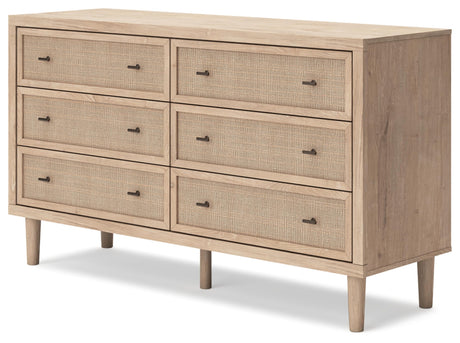Signature Design by Ashley Cielden Coastal 6-Drawer Dresser, Bronze-Tone Knobs, Safety Stop, Textured Cane Details, 62.01" W x 19.65" D x 35.67" H, Light Brown Signature Design by Ashley