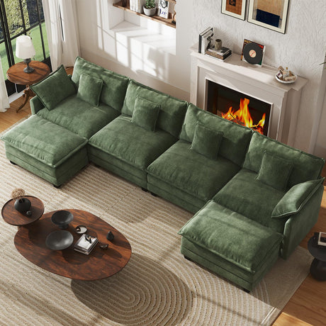 WorthFurni 146” Oversized Modular Sectional Sofa, U Shaped Cloud Couch Set, 4-Seater Comfy Chenille Couches with 2 Movable Ottomans, DIY Combination for Living Room (Green) WorthFurni