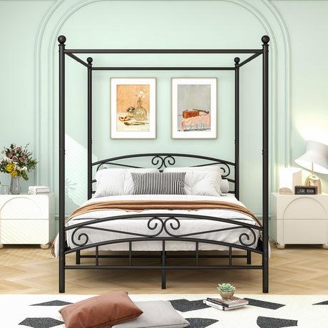 MaiDeHaoo Metal Canopy Bed Frame Queen Size, Metal Platform Bed with Sturdy Slatted Structure, 4-Poster Canopy Bed Frame with Headboard and Footboard, Noise-Free, Black MaiDeHaoo