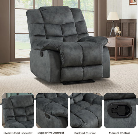 EBELLO Manual Recliner Chair, Overstuffed Reclining Sofa with Soft Padded Headrest and Armrest, Soft Fabric Single Couch for Living Room, Grey Green EBELLO