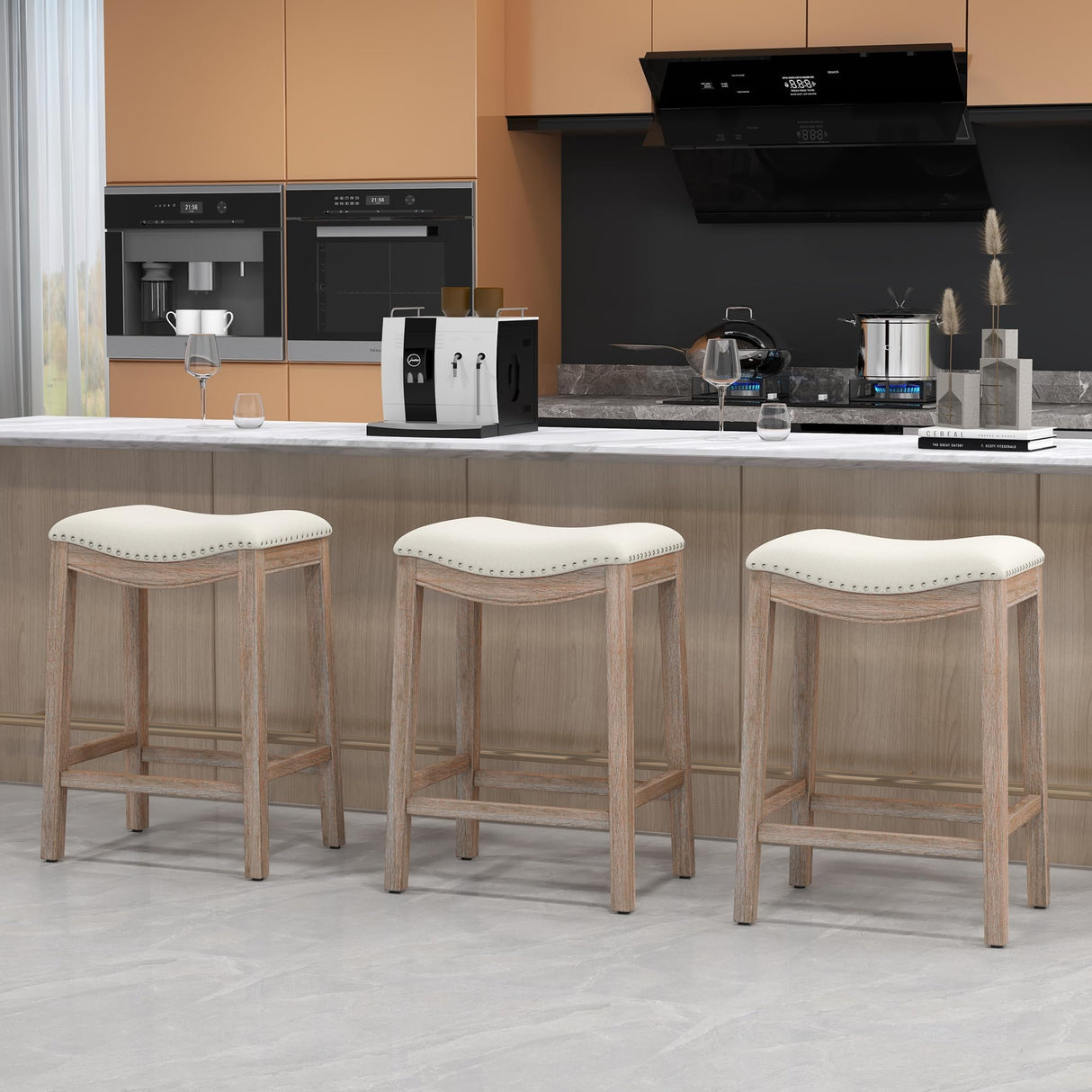 ABET Bar Stools Counter Height Chair Set of 4, 27" Backless Farmhouse Barstools with Wood Leg & Built-in Footrest, Nailhead Saddle Seat, Upholstered Linen Kitchen Island Chairs, Beige ABET