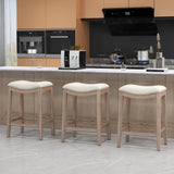 ABET Bar Stools Counter Height Chair Set of 4, 27" Backless Farmhouse Barstools with Wood Leg & Built-in Footrest, Nailhead Saddle Seat, Upholstered Linen Kitchen Island Chairs, Beige ABET