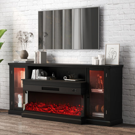 Real Relax Fireplace TV Stand for 80 Inch TV, 72.8" Entertainment Center with 40 inch 3-Sided Electric Fireplace & LED Lights for Living Room, Black Real Relax